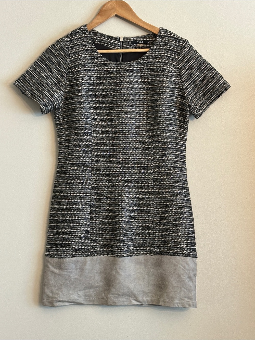 Tart Black and Gray Tweed Shift Dress with Suede Hem